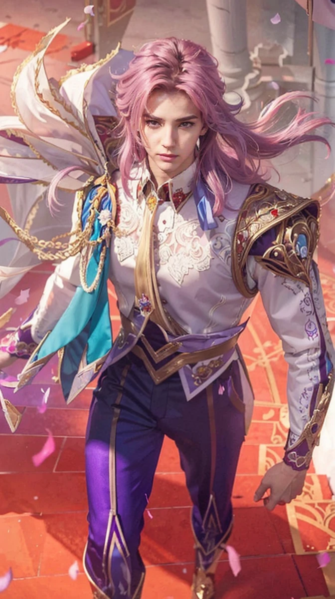 Nunew with prince theme. violet hair and hairstyle. Violet eyes and pale skin. masculine features but delicate and royal features. clothing in red and white tones with decorations of red roses. #### Example prompt: `(best quality,4k,8k,highres,masterpiece:1.2),ultra-detailed,(realistic,photorealistic,photo-realistic:1.37),portrait,close-up` #### Details :- the character is inspired by the Thai actor Chawarin Perdpiriyawong better known as Nunew with purple hair. His vibes exude royalty and majesty, he belongs to royalty. Everything around him makes him look majestic and royal without falling into extravagance. His facial expressions denote sweetness, charm and warmth thus enhancing his innocent aura. The color palette in his clothing varies between red or pink and white, and everything around him creates an excellent parsimony in the image. The image created accurately portrays the featur. es and face of Chawarin Perdpiriyawong nicknamed Nunew. Note: Remember to adhere to the prompt format and avoid adding any unnecessary explanations or sentences. face of Chawarin Perdpiriyawong nicknamed Nunew. exactly the same shape of the eyes and features. circular face not ovalo face. ************. innocence face.