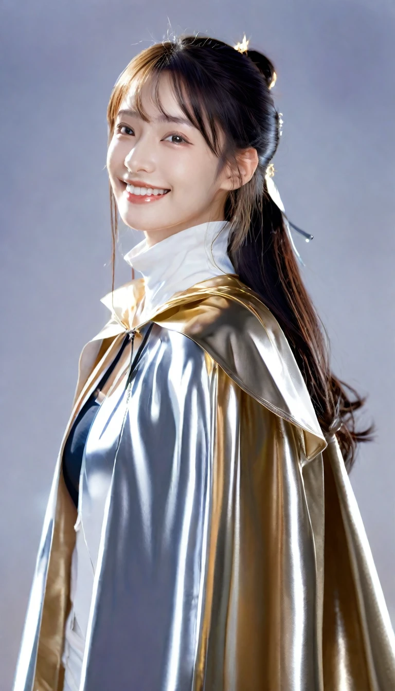 (RAW photo, best quality, masterpiece, ultra-detailed, high res), (realistic),(extremely delicate and beautiful:1), mesmerizing woman with long hair in sleek high ponytail , (((wearing glossy silver and gold lined cloak fastened at the neck :1.20))), crop top and hotpants , detailed features, smiling expression of feelings, imaginative, highly detailed, extremely high-resolution details, photographic, realism pushed to extreme, fine texture, 4k, ultra-detailed, high quality, high contrast, full body shot