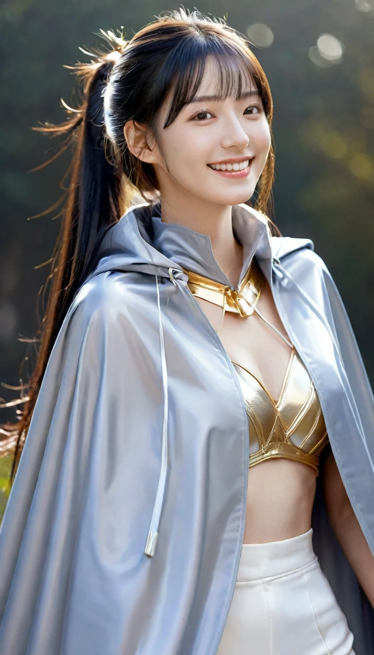 (RAW photo, best quality, masterpiece, ultra-detailed, high res), (realistic),(extremely delicate and beautiful:1), mesmerizing woman with long hair in sleek high ponytail , (((wearing glossy silver and gold lined cloak fastened at the neck :1.20))), crop top and hotpants , detailed features, smiling expression of feelings, imaginative, highly detailed, extremely high-resolution details, photographic, realism pushed to extreme, fine texture, 4k, ultra-detailed, high quality, high contrast, full body shot