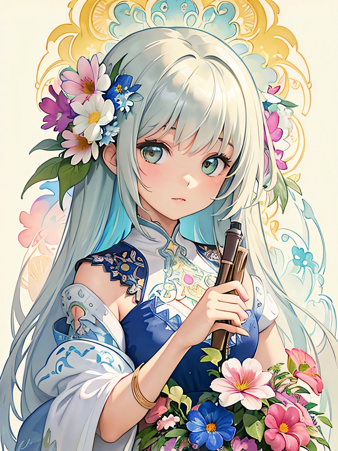 Alphonse Mucha Style、(((stylish fashion))), 8K Quality、Intense watercolor, Detailed watercolor art, Watercolor splash, Surreal, avant-garde pop art, Beautiful and expressive paintings, Beautiful artwork illustration, Very colorful tones, wonderful, Cool beauty, highest quality、Official Art, Vector art, Stylish design, (((The most beautiful girl))), (((highest quality))), HDR, ((detailed)), (((Doodle Art)), ((masterpiece)), ((Super detailed)), (((Colorful flowers))),(((Stylish))),