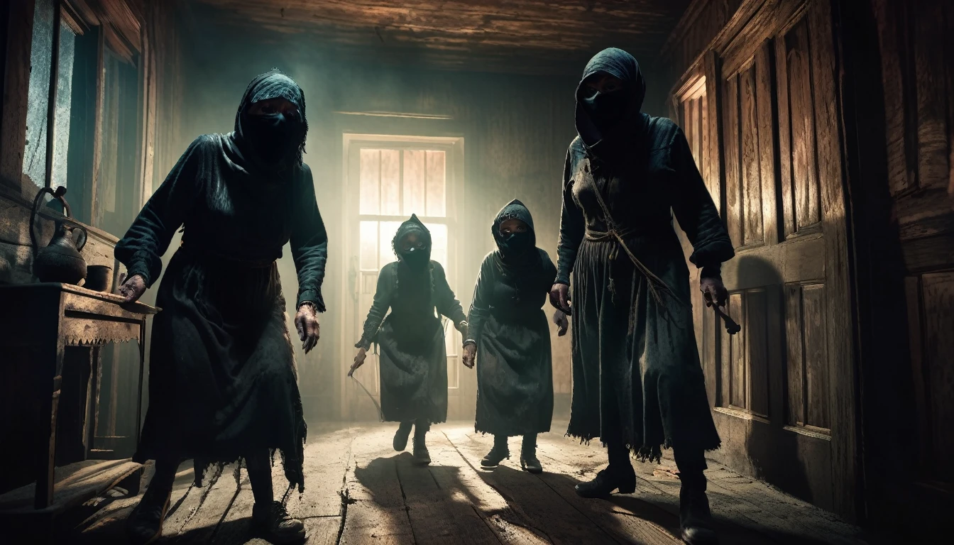 a detailed 3 thieves with black masks inside an old creepy haunted house, fighting with an angry screaming granny, chiaroscuro lighting, dark moody atmosphere, gritty detailed textures, cinematic composition, dramatic lighting, realistic shadows, horror style, dark color palette