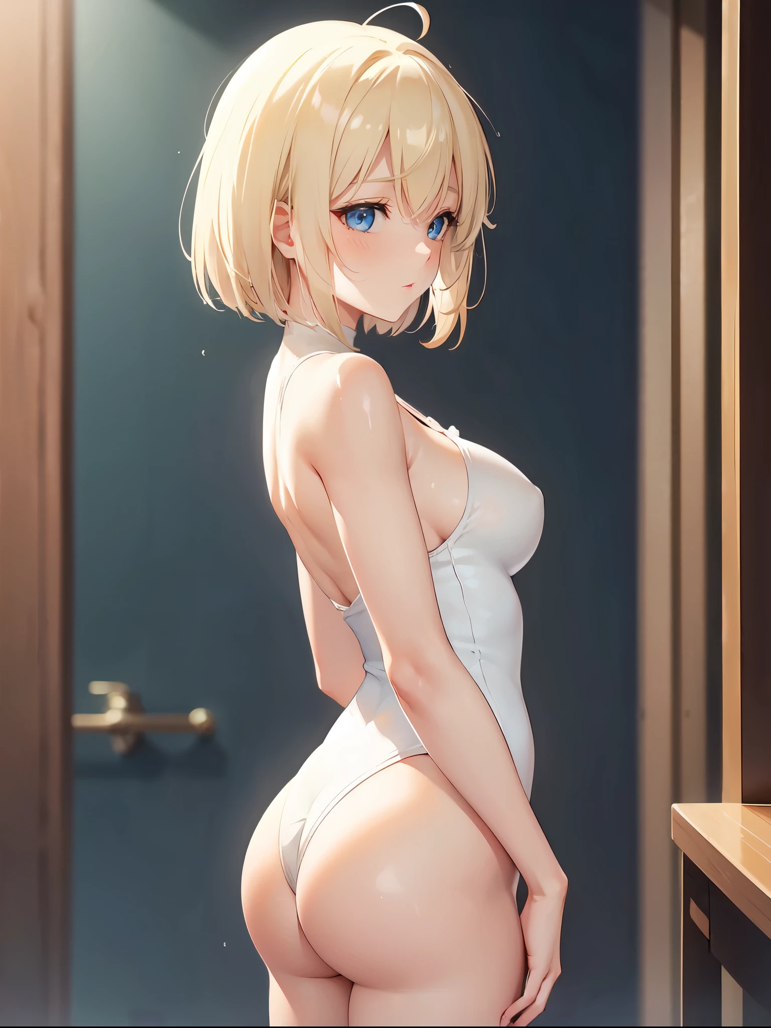 a woman in a white bodysuit posing for a picture, tight attire, wearing white leotard, blonde goddess, perfect body, beautiful blonde girl, sexy girl, white body, sexy body, sexy hot body, wet swimsuit, thin bodysuit, cute girl wearing tank suit, beautiful body, wearing leotard, blonde girl, tight outfit, great body, Anime girl, sexy anime girl, Hands always hidden and background blurred, Anime style.