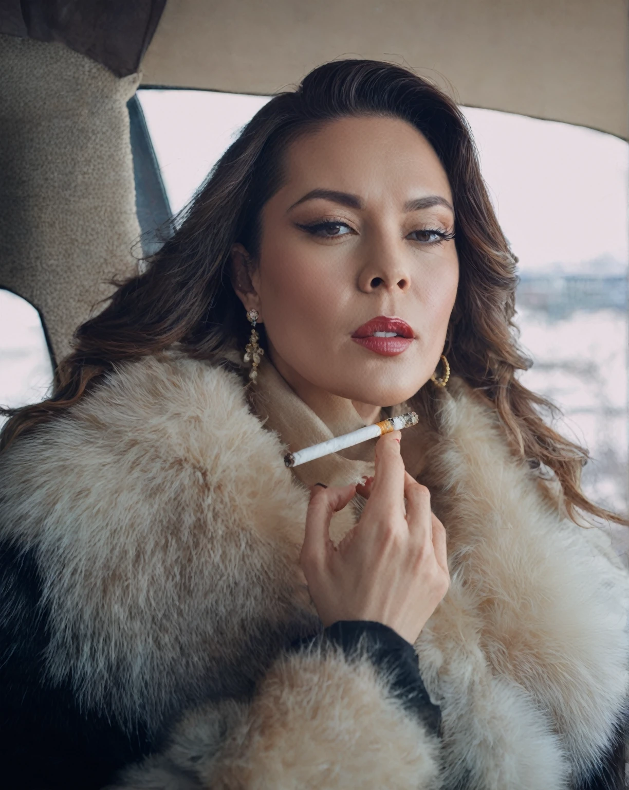 Woman in fur coat with window open, with cigarette, King's wool, holding a cigar, holding a cigar, while Smoking a cigar, Smoking a cigar grande, Smoking a cigarrette🚬, taking a smoke break, Smoking a cigar, Smoking a cigar espeso, a portrait of King's wool, smoke cigarette, ekaterina
