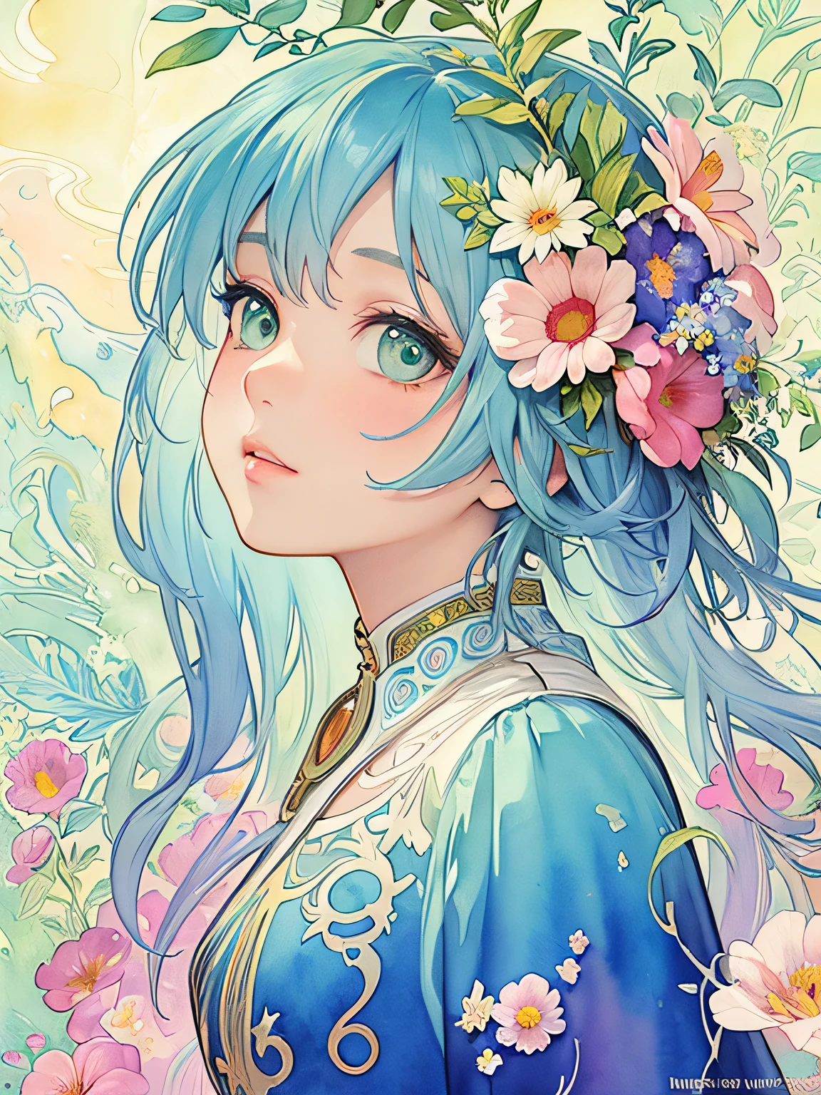 Alphonse Mucha Style、(((stylish fashion))), 8K Quality、Intense watercolor, Detailed watercolor art, Watercolor splash, Surreal, avant-garde pop art, Beautiful and expressive paintings, Beautiful artwork illustration, Very colorful tones, wonderful, Cool beauty, highest quality、Official Art, Vector art, Stylish design, (((The most beautiful girl))), (((highest quality))), HDR, ((detailed)), (((Doodle Art)), ((masterpiece)), ((Super detailed)), (((Colorful flowers))),(((Stylish))),