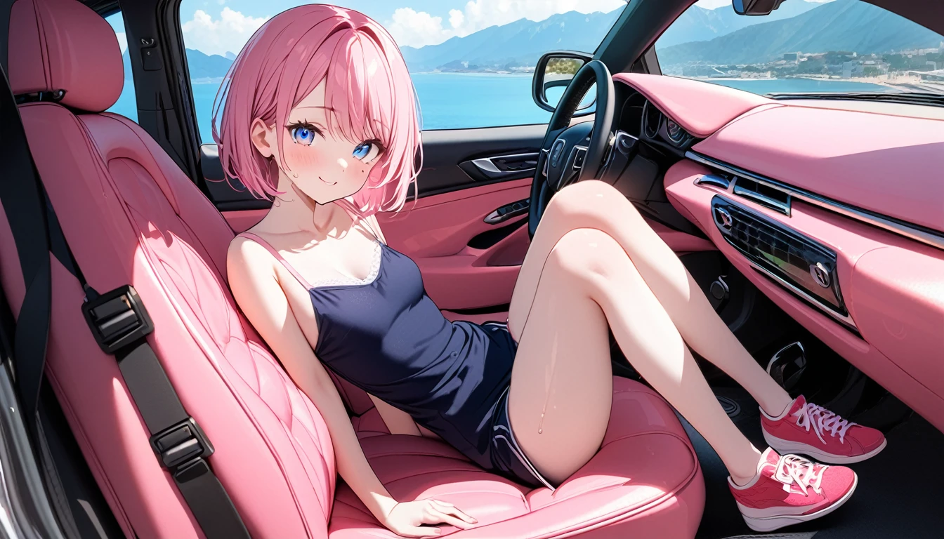 (1 girl),(Best Picture Quality, 8K, Masterpiece:1.3), (high school student:1.5), ((pink lob hair:1.1)), (bob cut),(swept bangs), (cute eyes, pupil black, iris skyblue, youthful face), (mole under right eye), (standard weight), (small breasts), (glistening skin:1.1),(pale skin:1.2),((camisole, hot pants)),(Smile),(sweat),((Ride a pink car)),(from side),(full body),((magnificent view)).