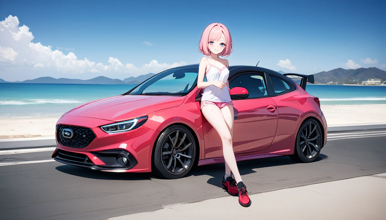(1 girl),(Best Picture Quality, 8K, Masterpiece:1.3), (high school student:1.5), ((pink lob hair:1.1)), (bob cut),(swept bangs), (cute eyes, pupil black, iris skyblue, youthful face), (mole under right eye), (standard weight), (small breasts), (glistening skin:1.1),(pale skin:1.2),((camisole, hot pants)),(Smile),(sweat),((Ride a pink car)),(from side),(full body),((magnificent view)).