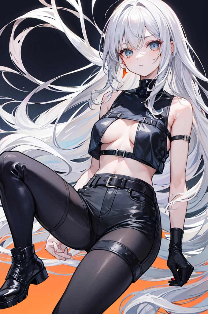young girl, Long white hair, cat ears, violet eyes, leather jacket, briefs, tear stockings, Black Top, open belly, Lots of scars, claws, anger, Masterpiece, hiquality