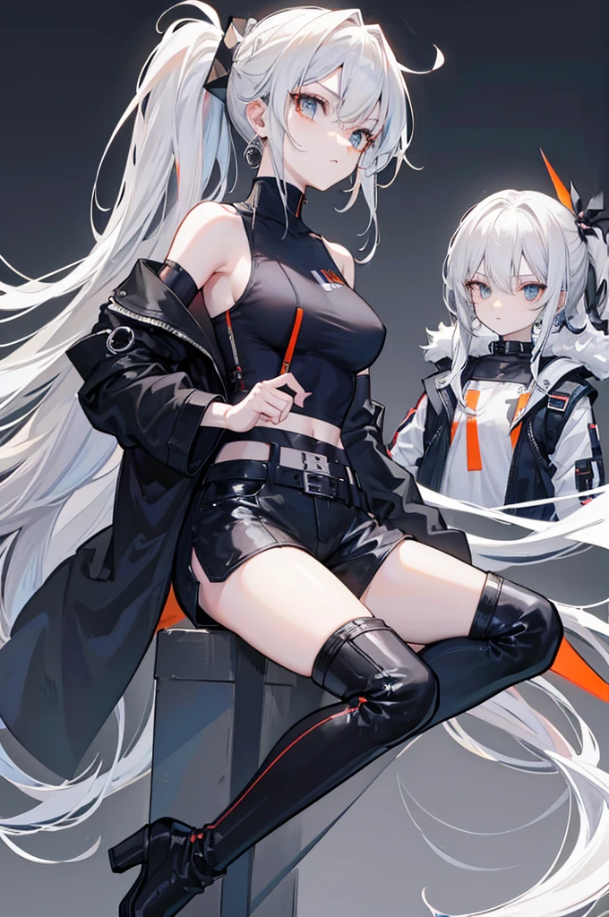Hair**: The character has long, light gray hair, styled in a messy manner with sharp, pointed strands. There are shorter locks in the front that frame the face. - **Eyes**: Its eyes are large and orange in color, giving an expressive look. - **Clothes** : - **Top**: The character wears a cut black top, revealing part of the stomach. - **Bottoms**: She wears dark blue shorts with a black belt. - **Accessories**: She has black gloves and white bands around her forearms. There are also orange details on his shoulders. - **Shoes**: She wears black boots that go up to below the knees with white stripes on the top of the boots. The clothing style and colors used give the character a modern and dynamic appearance