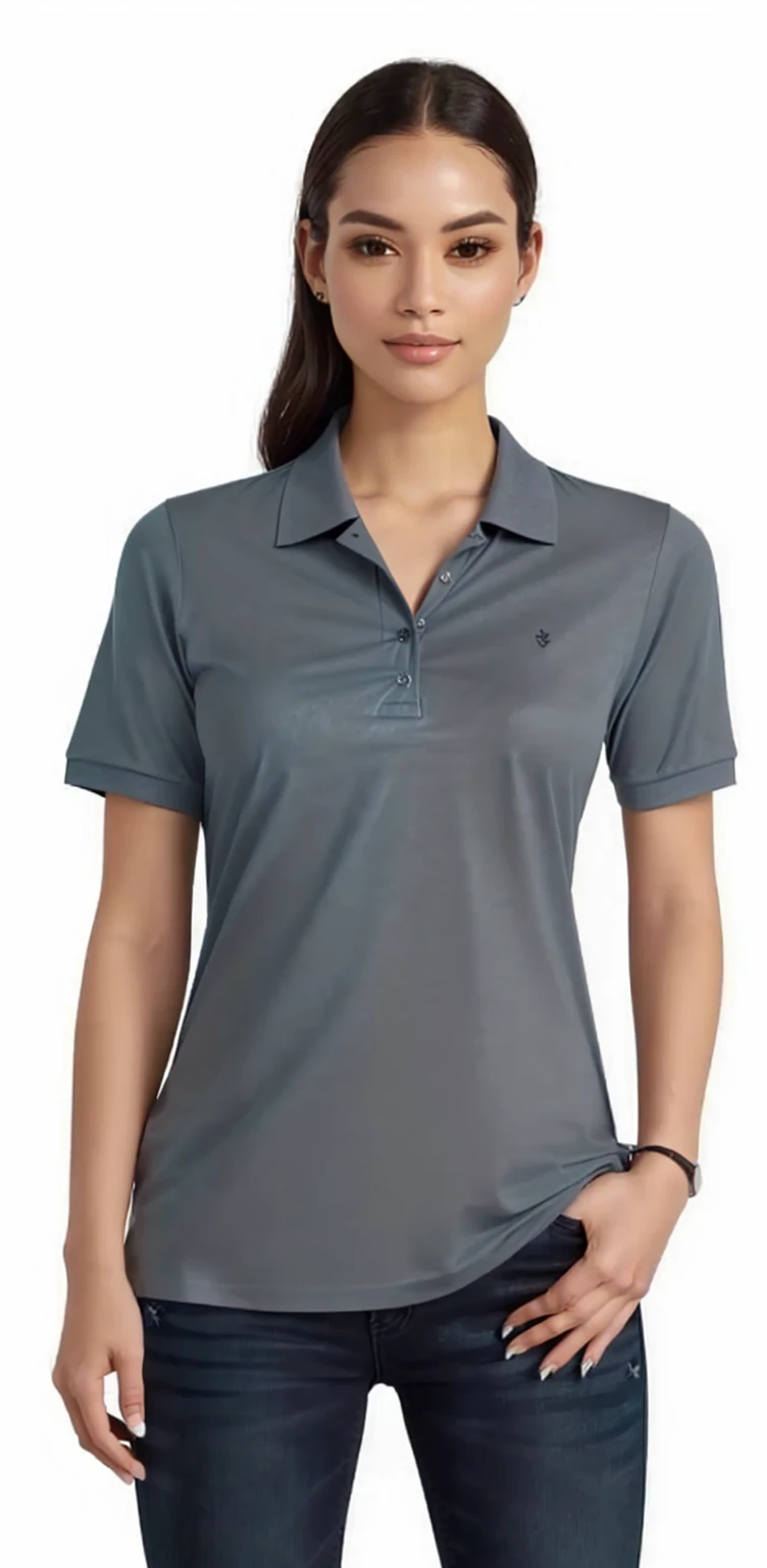 a woman in a gris shirt polo and jeans posing for a picture, collar shirt, gris shirt polo, vestindu camisa polo, in a dark teal polo shirt, in metallic gray, ( ( ( ( Kauai ) ) ) ), metallic gray, du, manga curta, gris, gray dark, in a dark green polo shirt, steel gris body, solid gris