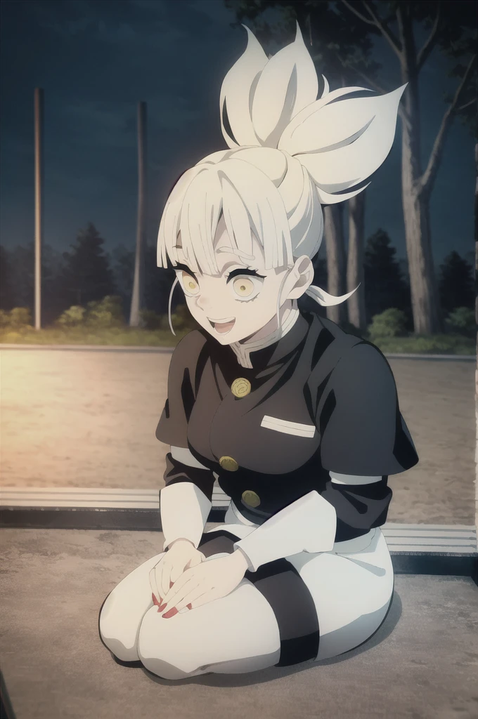 kimetsu no yaiba style, 1girl, white hair in a bun, demon slayer uniform, solo, yellow eyes,holding a katana ,white hair, all black cape, all black haori, outdoors, bangs, tree,, anime coloring, ((masterpiece)) , night background , beautiful girl, cute, solo , laughing face , ((high quality)) , laying on the ground