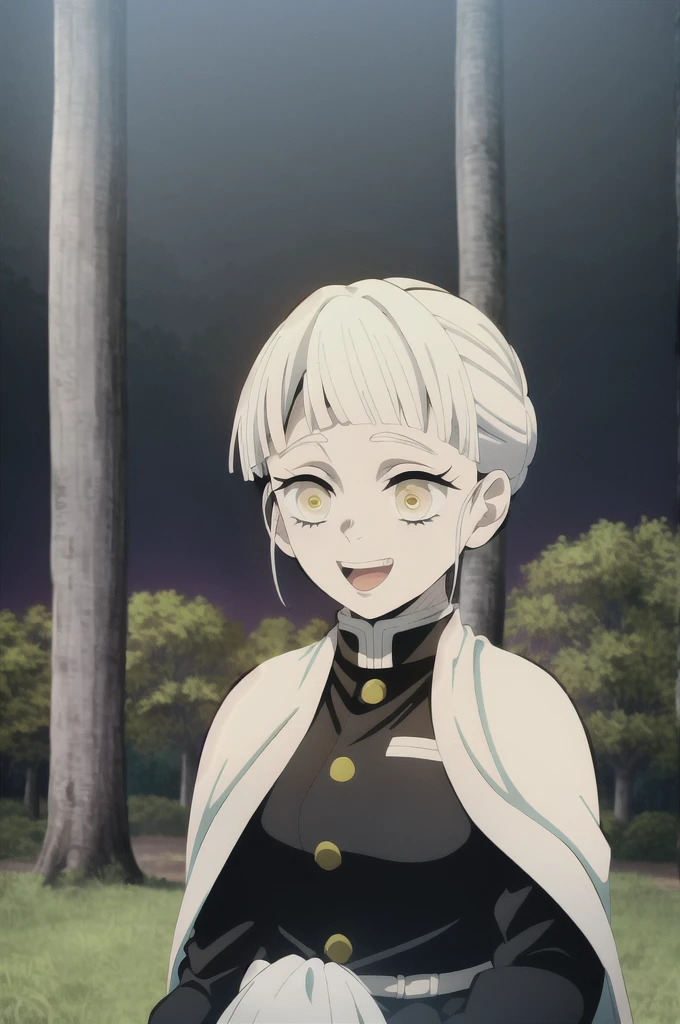 kimetsu no yaiba style, 1girl, white hair in a bun, demon slayer uniform, solo, yellow eyes,holding a katana ,white hair, all black cape, all black haori, outdoors, bangs, tree,, anime coloring, ((masterpiece)) , night background , beautiful girl, cute, solo , laughing face , ((high quality)) , laying on the ground