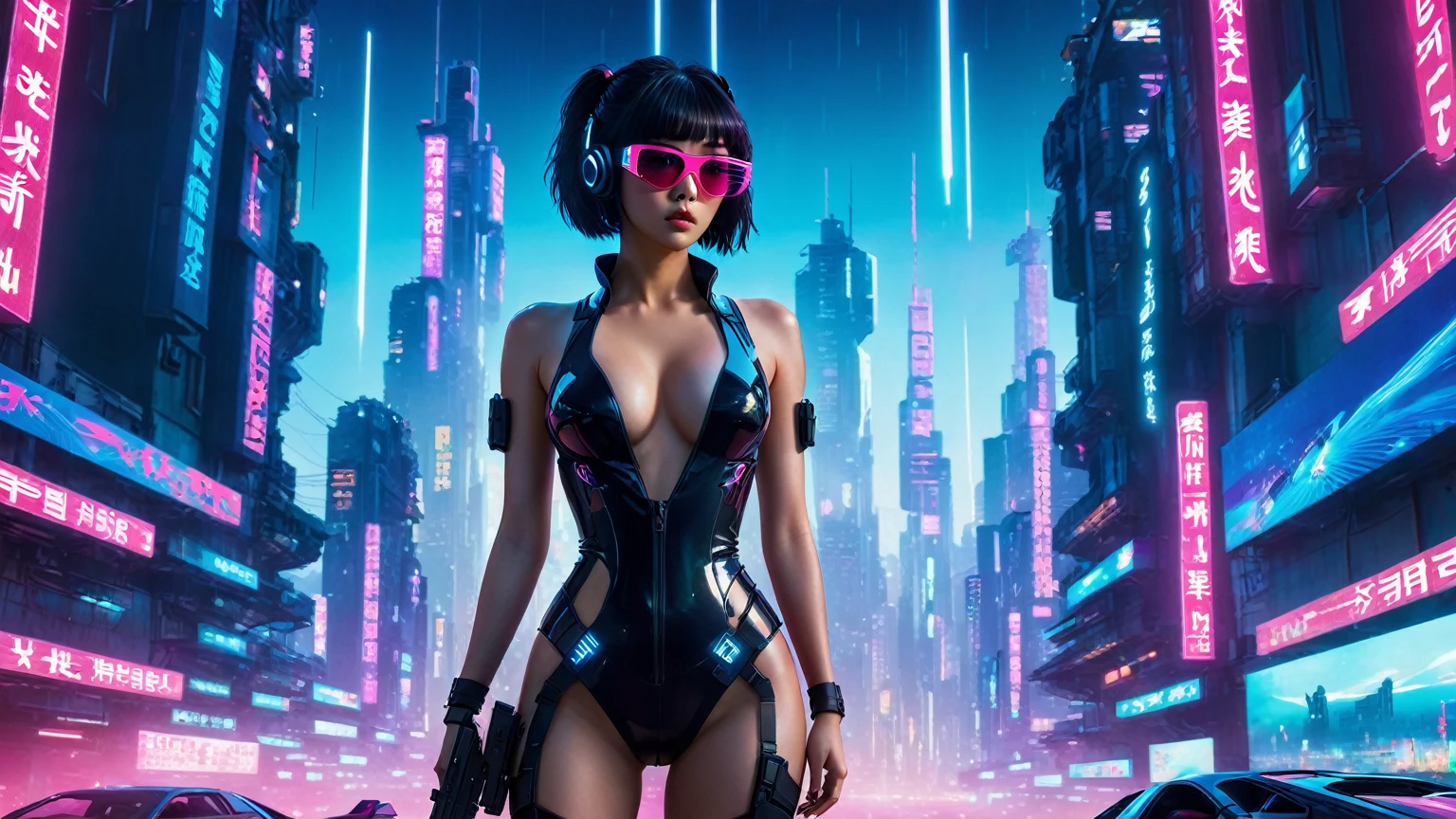 aerial view, dark night, A vast cyberpunk landscape set in Korea with ((flying cars)) and neon lights, in shades of pink, blue and red, (Matrix style cascading code), in the style of Blade Runner and Ghost In The Shell. (((((1girl, solo, alone))))), large-breast:1.2 slim body, cleavage:1.1, sexy miniskirt, ((((headphone, black sunglasses, standing and holding pistol pose)))), (((half-body thigh level medium shot))), cinematic lighting, lens flare, ray tracing.