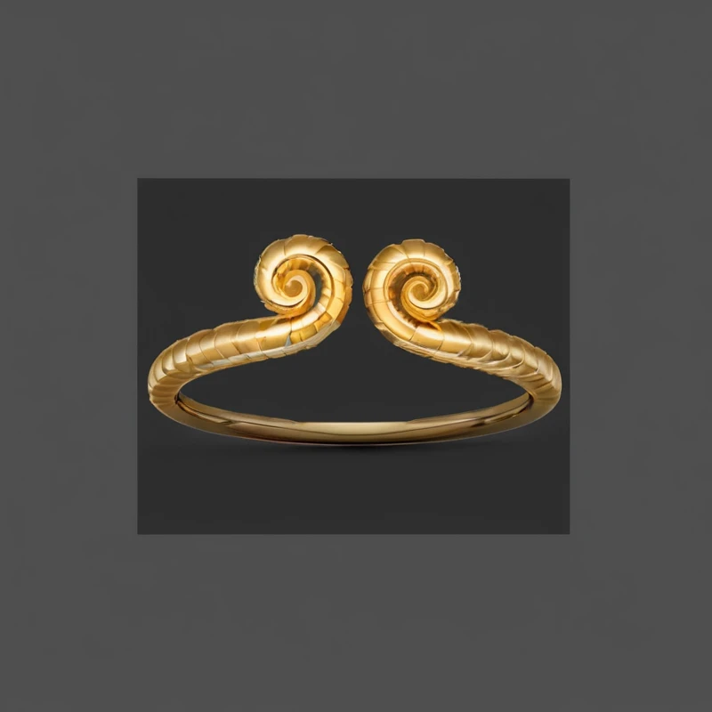There is a gold ring,There are two spiral patterns on it, Golden Ring, Gold jewelry,
