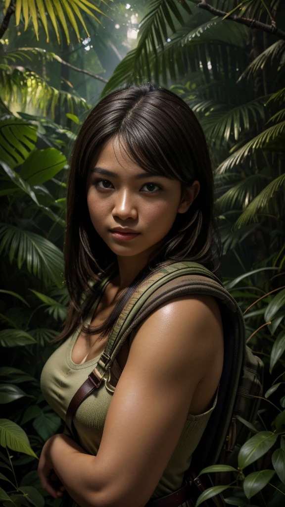 RAW, Best quality, high resolution, masterpiece: 1.3), best quality, high resolution, Masterpiece: 1.3, Beautiful  Malay girl, short chingnon hair, Soft smile, Realistic, 1 girl, charming eyes, glowing eyes,parted lips, full-body, hunter of mysterious creatures, observing the creature, in ambush, studying the creature found, with a large rucksack, in explorer attire, holding a machete, many pockets, many belts, everything is hung with gadgets, catches small mysterious creatures, hunts small creatures, mysterious forest, beautiful forest, nature surrounded by flora,  tender leaves and branches surrounded by fireflies (natural elements), (jungle theme), (leaves), (branches), (fireflies), (particle effects), (ray of light), etc.3D Octane rendering, ray tracing, super-detailed viewer, closeup