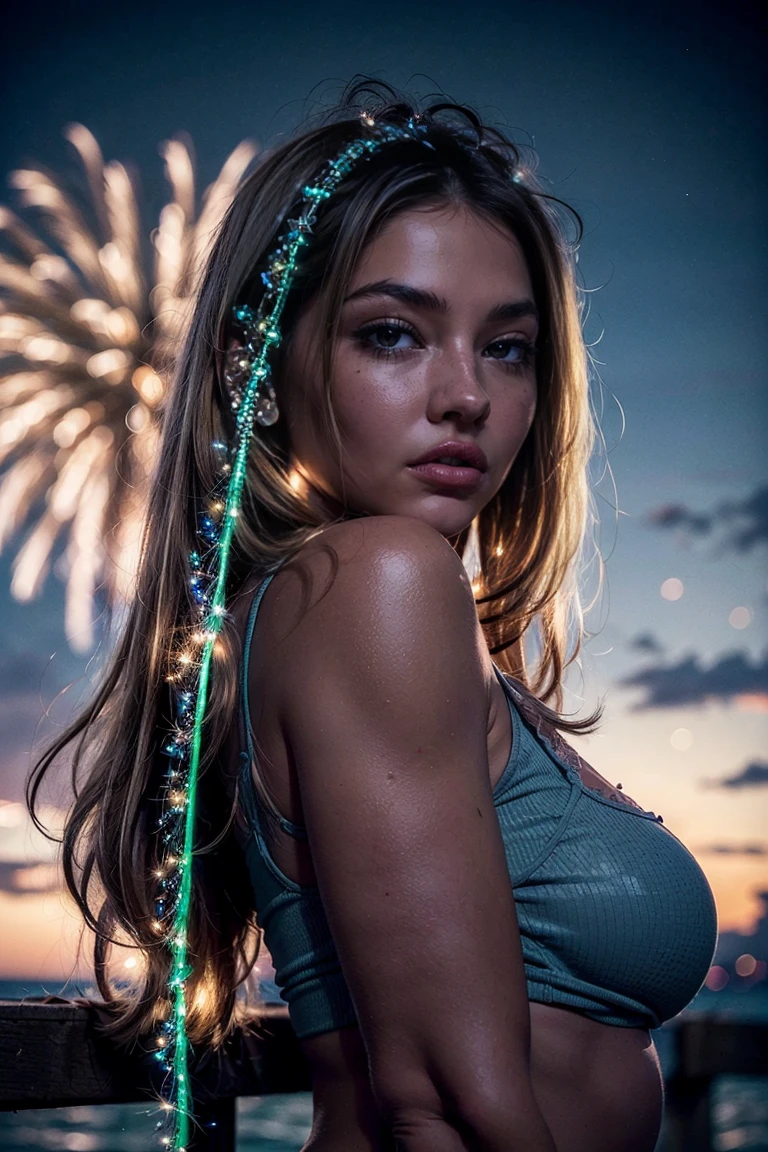 (Beautiful teenage girl walking on the beach at night.), european teen, Around ************, (transparent t-shirt), ((transparent t-shirt revealing big titis)), beautiful flowing hair, hits, ((big breasts)), (fireworks on the night sky background), (from below:1.5),(Leaning forward:1.5),(Best Quality,4k,8k,high resolution,Masterpiece:1.2),ultra detailed,(realist,photorealist,photo-realist:1.37),cinematic lighting, dramatic shadows, vibrant colors, shiny skin, detailed facial features, (intricate details:1.2), elegant pose,