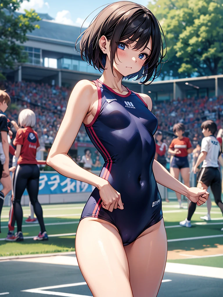 Small breasts、Beautiful and attractive anime woman, Enchanting anime girl, Top rated on pixiv、Short Bob、spats、Exercise clothes、Athletics、Doing a relay、running, camel toe, , ชุดรัดรูป, กางเกงรัดรูป, กางเกงในสีขาว, เปียก,