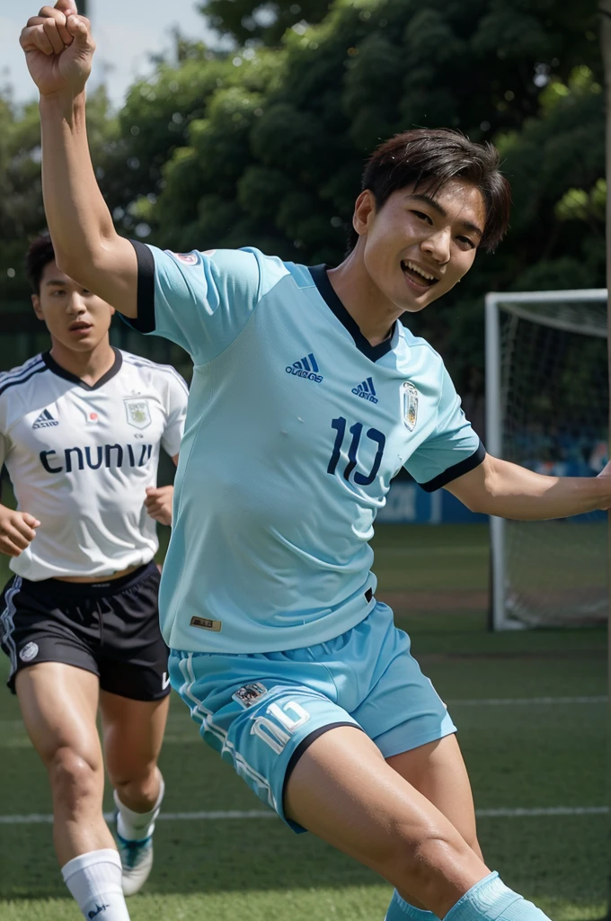 A vibrant sticker featuring a triumphant Korean soccer player scoring a goal for Argentina. The player wears a light blue and white jersey with the number 10 on the back, black shorts, and white socks with orange accents. His active pose shows him running with arms raised to the left side while celebrating his goal. The orange soccer cleats emphasize his prowess on the field