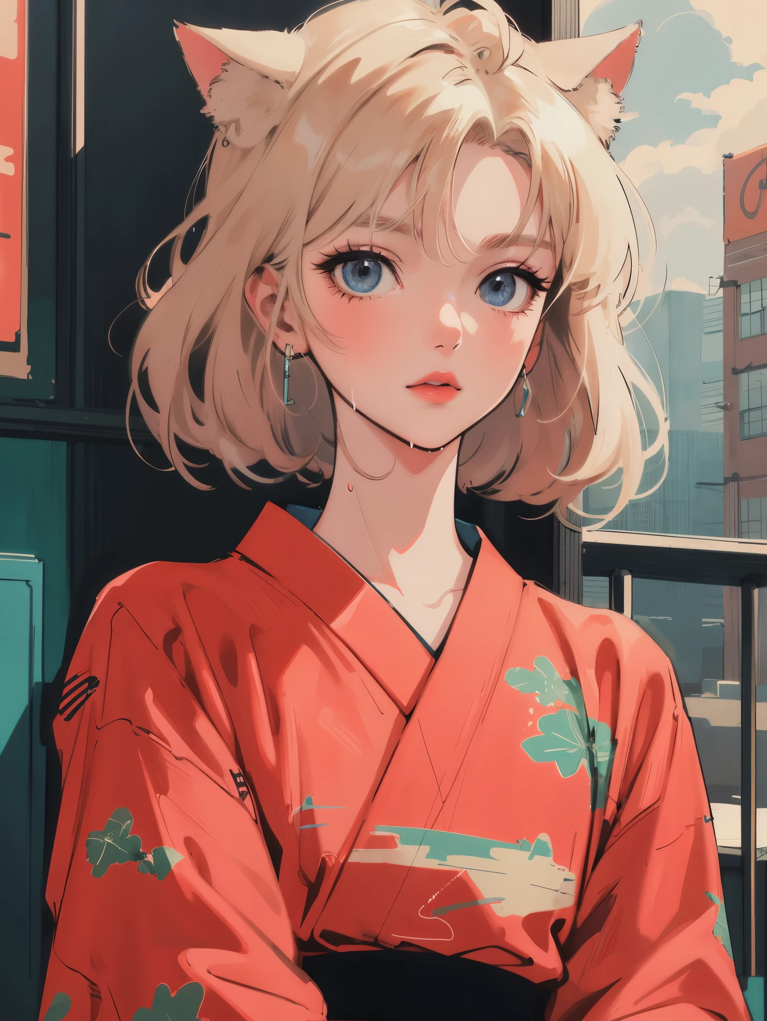 anime girl sitting on floor looking, anime aesthetic, anime vibes, Lofi Artstyle, Lo-fi portrait. anime, Lofty Girl, anime art wallpaper 4 k, anime art wallpaper 4k, anime art wallpaper 8 k, anime background art, Lofi Color, Lofi Art, anime asthetic, Very Short Hair, kimono, kimono, Tokyo scenery, In the city, Wet day, Outside, Cloudy, Future, Whole body shot, Cat ear
