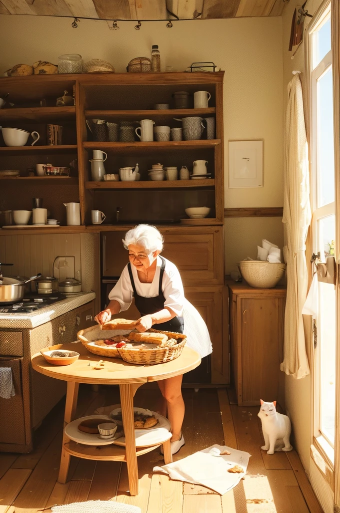 Illustration of a grandmother making pies, living in an old house with a cat.