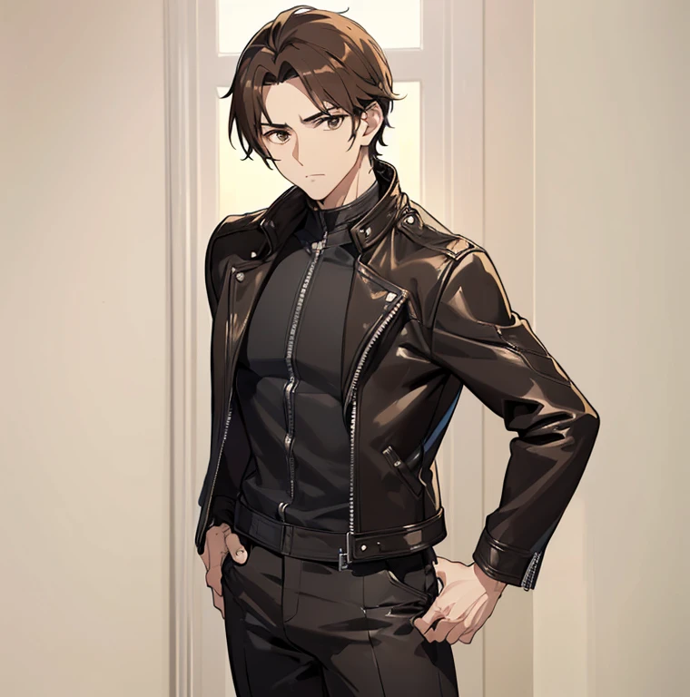 ((Highest quality)), ((masterpiece)), (detailed), ((One mature male))、(mature male)、((A photo showing your thighs to the top of your head))、(Standing straight, facing the camera)、Brown Hair、Iris、(Glaring at the camera)、black biker jacket