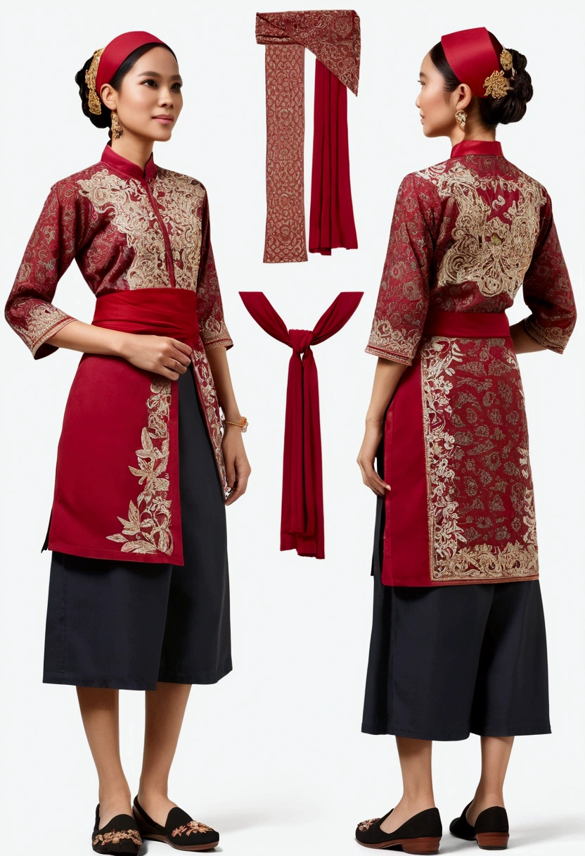 Create an illustration yet refined outfit for commoners in a society inspired by puteri gunung ledang with Malaysia clothing influences. The clothing should be made from durable, comfortable materials and feature simple yet elegant designs. Utilize shades of red and incorporate batik motifs in the patterns and embroidery. The outfit should blend the functionality of Malay workwear with the flowing lines of Malaysia attire. Accessories should be minimal but functional, such as sashes, simple jewelry, headbands, and traditional Malay shoe. The overall look should reflect the commoners' respect for strength and honor, while being suitable for daily activities. reference sheet, character chart, (((three-sided view, front front view, side view, back back view, multiple views, multiple poses and expressions, many parts))), give space space to each view, 8K resolution, high details, high quality, highres, anatomically correct