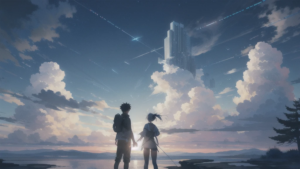 座る,真っ暗なnight空,Octane, star (null), scenery, Blue parakeet,The acoustic guitar is in front of the body.,star, night, A girl and a boy back to back, Back view, Outdoor, city,Blue parakeet,building, cloud, 天のriver,silhouette