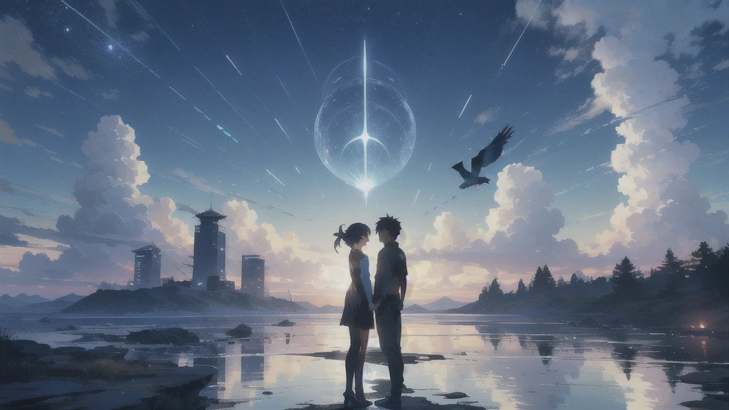 座る,真っ暗なnight空,Octane, star (null), scenery, Blue parakeet,The acoustic guitar is in front of the body.,star, night, A girl and a boy back to back, Back view, Outdoor, city,Blue parakeet,building, cloud, 天のriver,silhouette