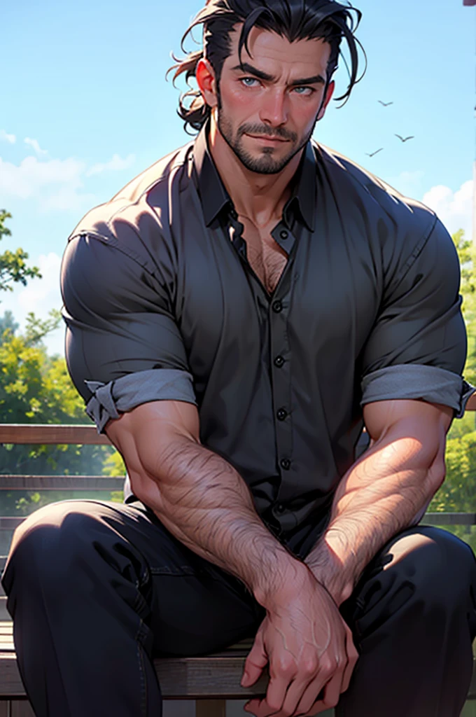 (high resolution:1.2),Handsome ((older)) Middle-aged man,Sitting on the deck in the summer,Warm smile,blush,Anime style, stubble, (wrinkle), Dark Gray Slicked Back Hair, Perfect and detailed eyes, Hairy body, Gray body hair, Bright colors,Soft lighting, only, Looking at the audience with a longing expression, close up, (Little fat), Casual Clothing