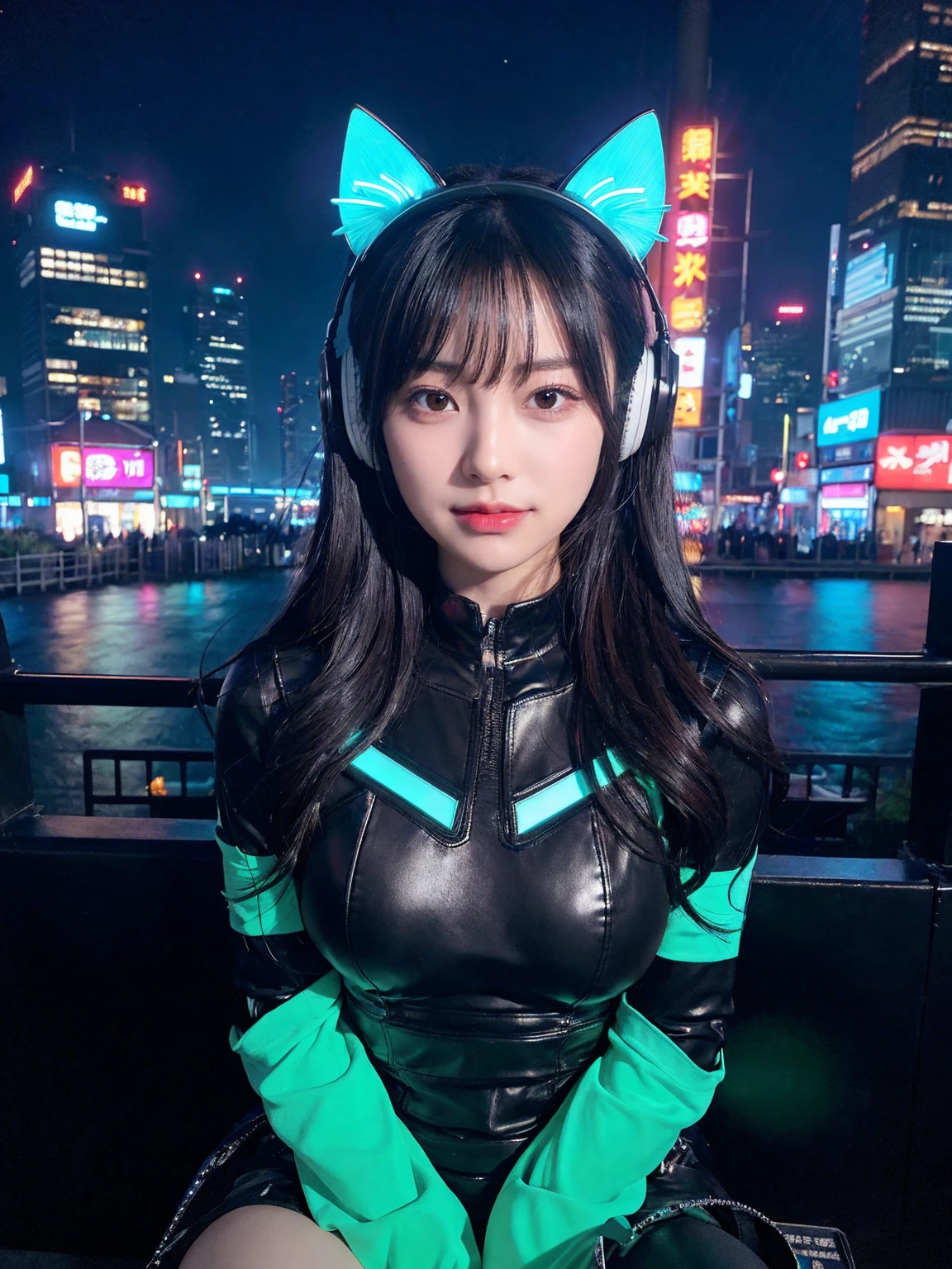最high quality, masterpiece, 32K、Very detailed、Realistic、1 girl, Japanese women、Cute Face, (photo Actual:1.3), Edge lighting, (Skin with attention to detail:1.2), 8k超High resolution, Single-lens reflex camera, high quality, High resolution, 4K, 8k, Optimal ratio of four fingers to one thumb, (Actual:1.3), smile、自然なsmile、Cat ear headphones(アズールネオンCat ear headphones)、cute 1 girl, Realistic、Super Realistic、32K、Very detailed、masterpiece, 最high quality, beautiful girl, beauty、Small breasts, Mecha, Beautiful lighting, (Neon Light:1.2), (night:1.5), Cyberpunk Costume(Black base with blue accents)、Sitting,Cyber Neon、Future City、Skyscraper、都会のnight、Shanghai、Metropolis、night景、綺麗なnight景