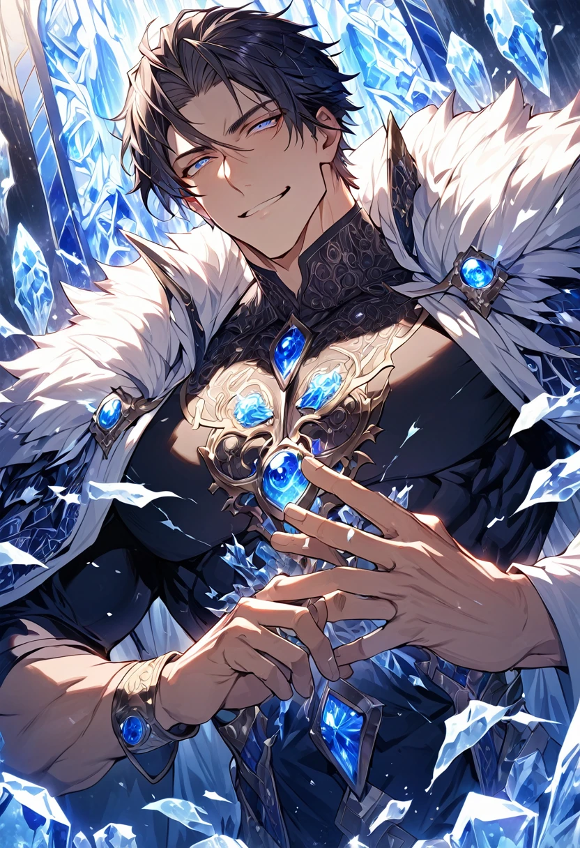 (Absurd, High resolution, Super detailed), 1 male, Adult, good looking, Tall and muscular man, Broad shoulders, Detailed drawn eyes, Dark Hair, Fantasy, Complex patterns, Detailed face, Throne, Magical Effects, The optimal ratio is four fingers to one thumb, ice, intense cold, Cold wave, smile, (Dutch Angle), Mouth closed