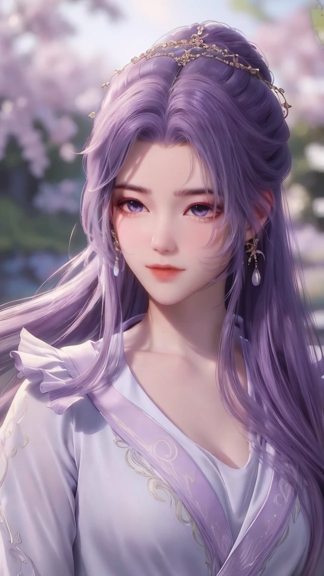 (best quality,ultra-detailed,photorealistic:1.37),vivid colors,studio lighting,beautiful detailed eyes,beautiful detailed lips,extremely detailed eyes and face,long eyelashes,portraits, purple hair,confident expression,feminine,standing in a garden,soft sunlight, scenery,flower blossoms,peaceful atmosphere,artistic touch,textured brushstrokes,subtle color variations,brilliant white highlights,delicate movements,graceful pose,slight breeze,rustling leaves,sophisticated style,professional artwork,female beauty.