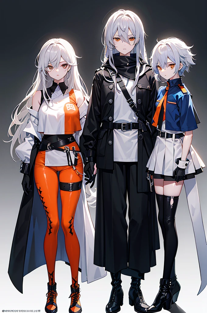 Hair**: The character has long, light gray hair, styled in a messy manner with sharp, pointed strands. There are shorter locks in the front that frame the face. - **Eyes**: Its eyes are large and orange in color, giving an expressive look. - **Clothes** : - **Top**: The character wears a cut black top, revealing part of the stomach. - **Bottoms**: She wears dark blue shorts with a black belt. - **Accessories**: She has black gloves and white bands around her forearms. There are also orange details on his shoulders. - **Shoes**: She wears black boots that go up to below the knees with white stripes on the top of the boots. The clothing style and colors used give the character a modern and dynamic appearance