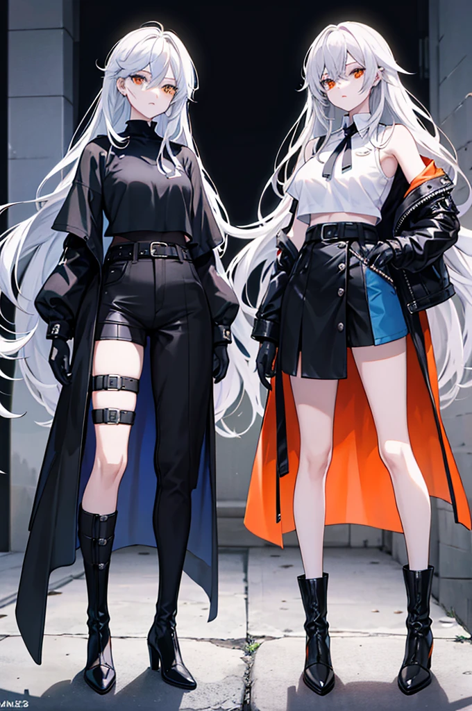 Hair**: The character has long, light gray hair, styled in a messy manner with sharp, pointed strands. There are shorter locks in the front that frame the face. - **Eyes**: Its eyes are large and orange in color, giving an expressive look. - **Clothes** : - **Top**: The character wears a cut black top, revealing part of the stomach. - **Bottoms**: She wears dark blue shorts with a black belt. - **Accessories**: She has black gloves and white bands around her forearms. There are also orange details on his shoulders. - **Shoes**: She wears black boots that go up to below the knees with white stripes on the top of the boots. The clothing style and colors used give the character a modern and dynamic appearance