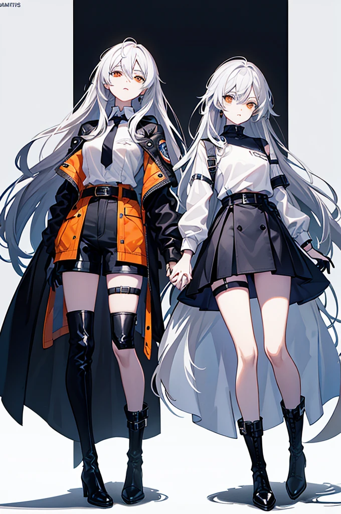 Hair**: The character has long, light gray hair, styled in a messy manner with sharp, pointed strands. There are shorter locks in the front that frame the face. - **Eyes**: Its eyes are large and orange in color, giving an expressive look. - **Clothes** : - **Top**: The character wears a cut black top, revealing part of the stomach. - **Bottoms**: She wears dark blue shorts with a black belt. - **Accessories**: She has black gloves and white bands around her forearms. There are also orange details on his shoulders. - **Shoes**: She wears black boots that go up to below the knees with white stripes on the top of the boots. The clothing style and colors used give the character a modern and dynamic appearance