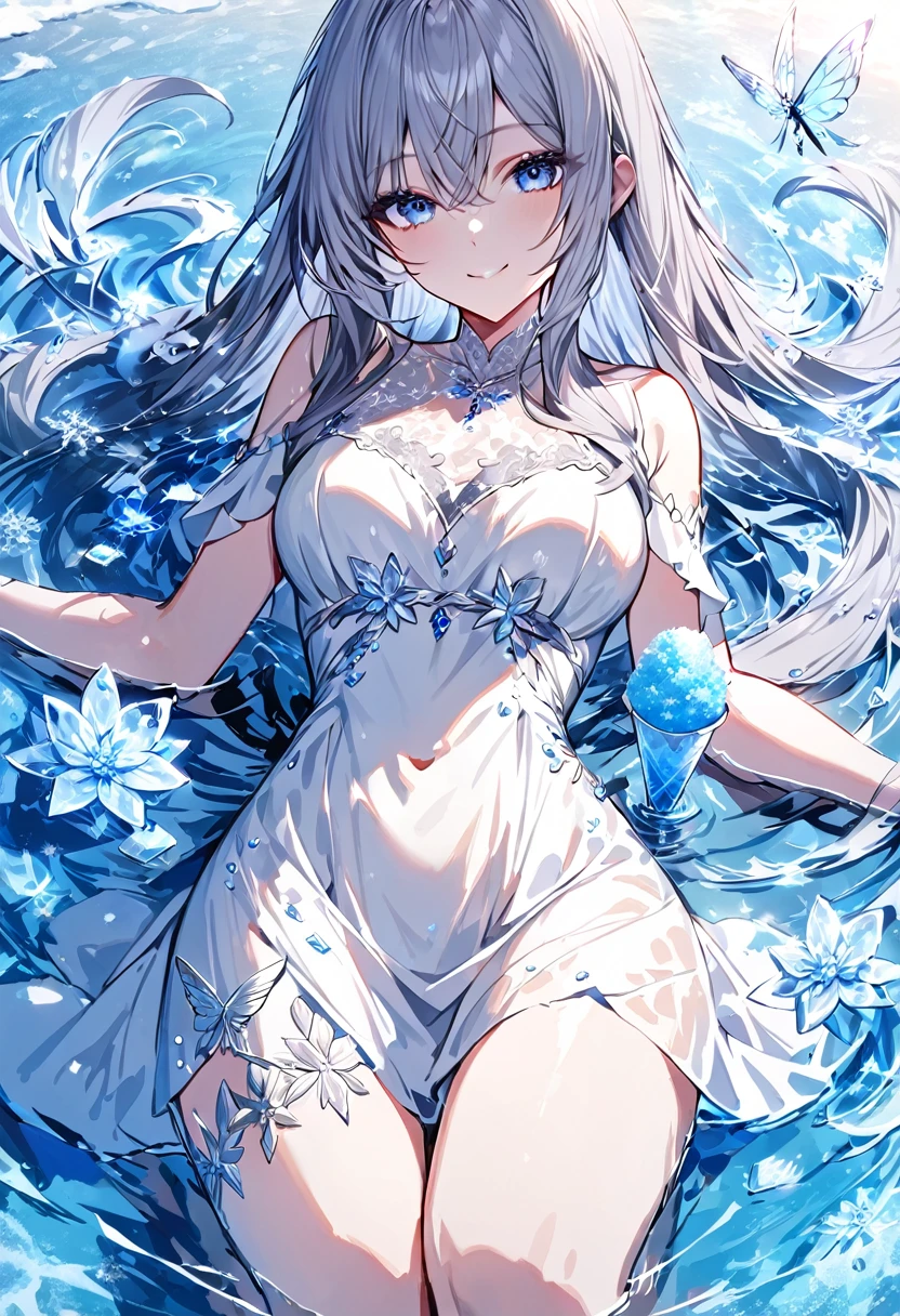 (Peace Fly), (Highest quality), Very detailed, 1 girl, Perfect Face, (Personal full-body photo:1.3), Very detailed顔,(Gray hair Long hair:1.5),(blue eyes:1.4),(On the water:1.4),(Ice flowers bloom at my feet:1.3),(White Dress:1.5),Light,snow,Broken ice,Ice Cone Splash,(smile:1.3)