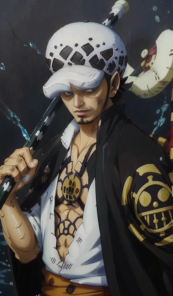 (masterpiece), (realistic), (ultra detailed), ( high reest quality), (photorealistic), (perfect face), (perfect anatomy), man, solo, (((30 years old))), (((Trafalgar D. Water Law from one piece))), Trafalgar D. Water Law, one piece