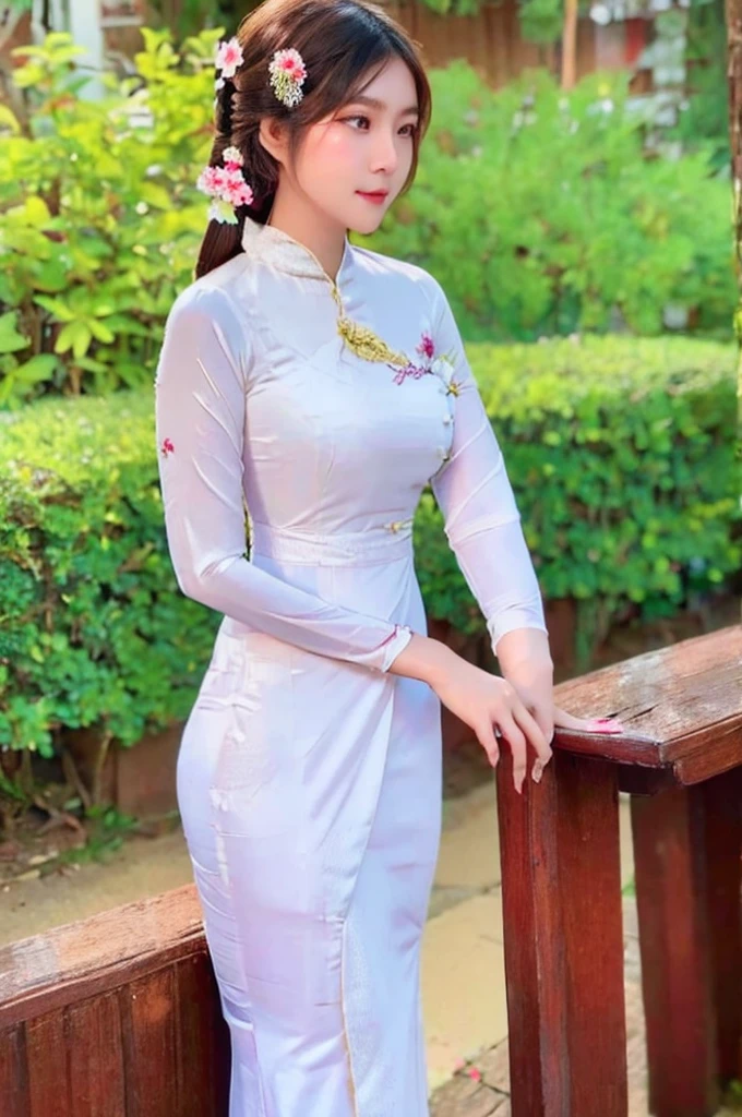 Asian woman putting her palm together to pay respect, wearing Burmese Traditional dress, white blouse dress and brown longyi.