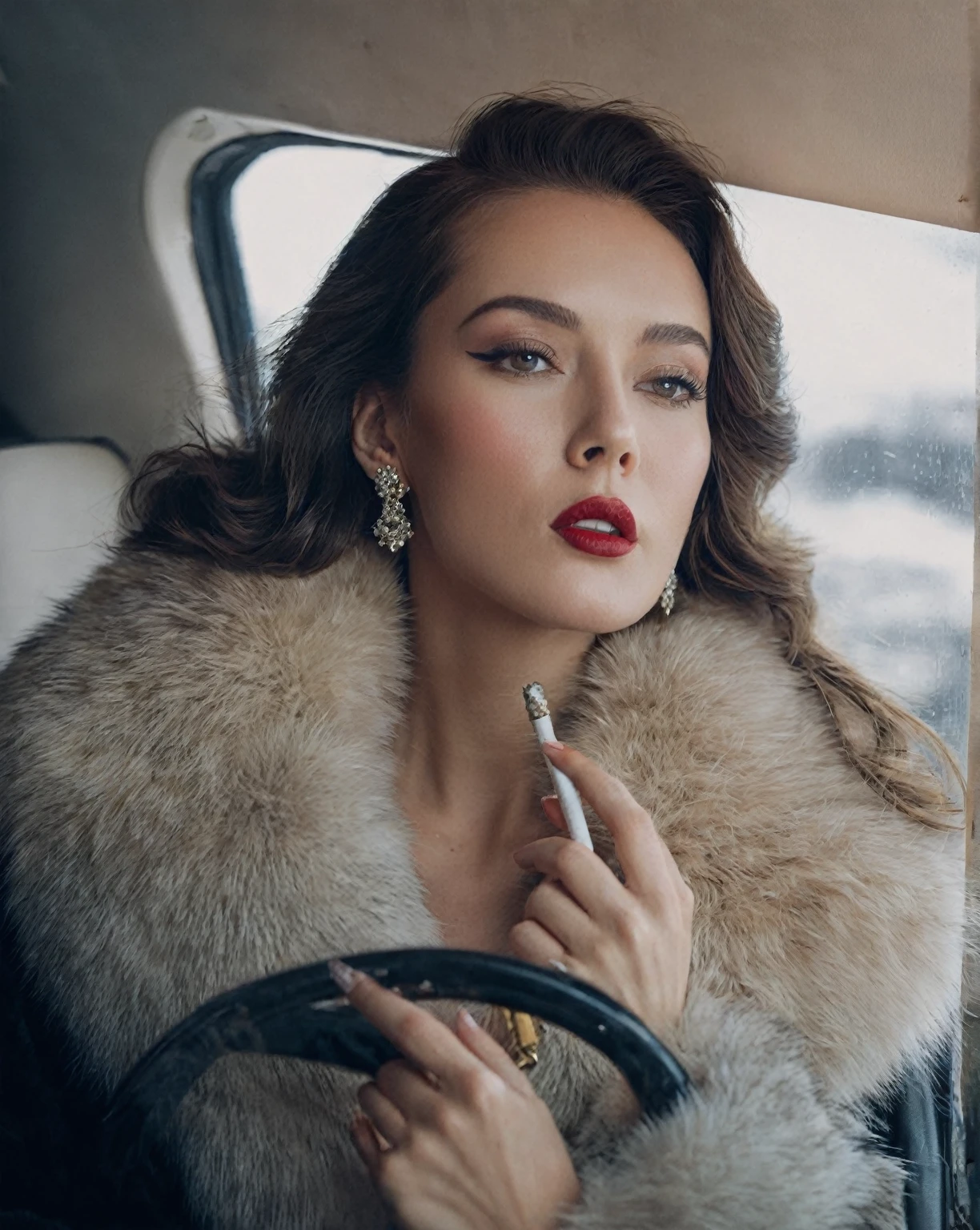 Woman in fur coat with window open, with cigarette, King&#39;s wool, holding a cigar, holding a cigar, while Smoking a cigar, Smoking a cigar grande, Smoking a cigarrette🚬, taking a smoke break, Smoking a cigar, Smoking a cigar espeso, a portrait of King&#39;s wool, smoke cigarette, ekaterina