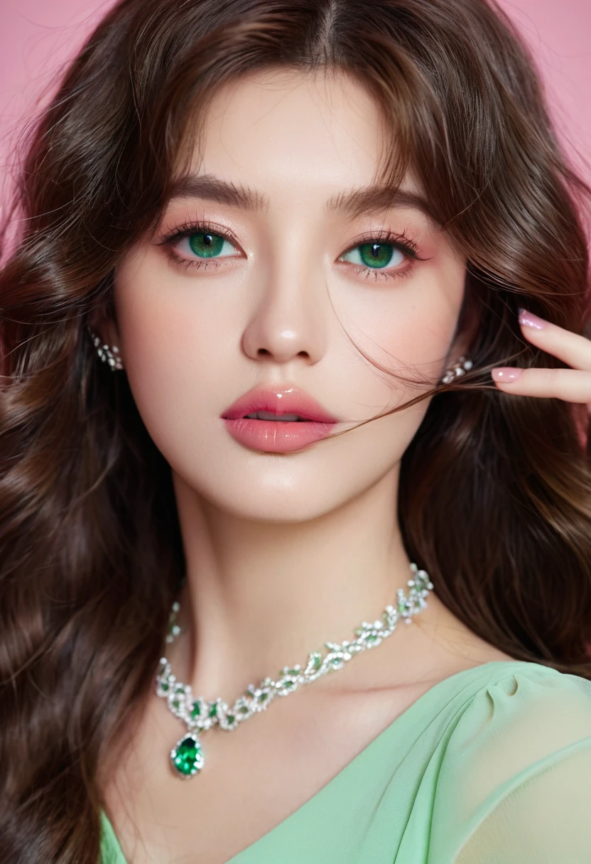 Long wavy hair, Brown hair, 1 Girl, Emerald eyes, Wave with two fingers, Pink lips, Light green dress,