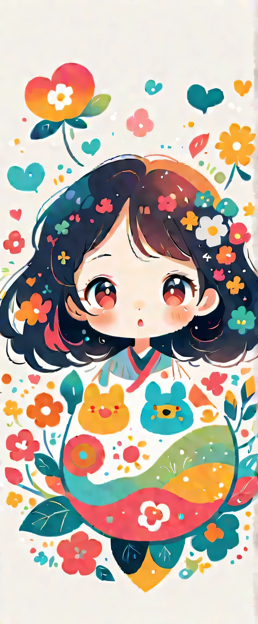 Watase Seizo style、The most beautiful girl of all time、Lips in Love、Colorful flowers、Simple line initials、Abstract art、(((chibi))), Colorful and cute alien, Totoro Forest
