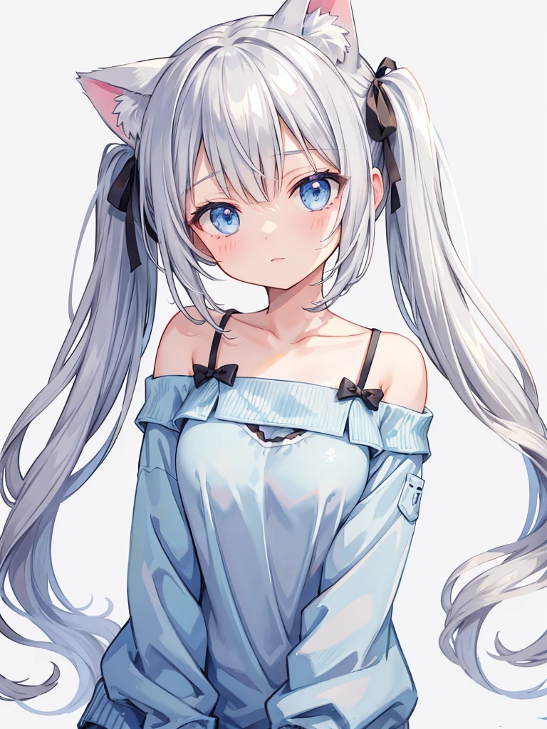 Gray Hair,Twin tails,Light blue eyes,Cat ear,Shoulder Bare,Drooping eyes