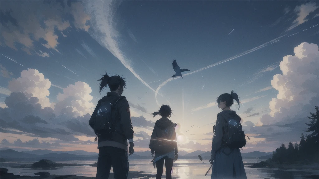 座る,真っ暗なnight空,Octane, star (null), scenery, Blue parakeet,The acoustic guitar is in front of the body.,star, night, A girl and a boy back to back, Back view, Outdoor, city,Blue parakeet,building, cloud, 天のriver,silhouette