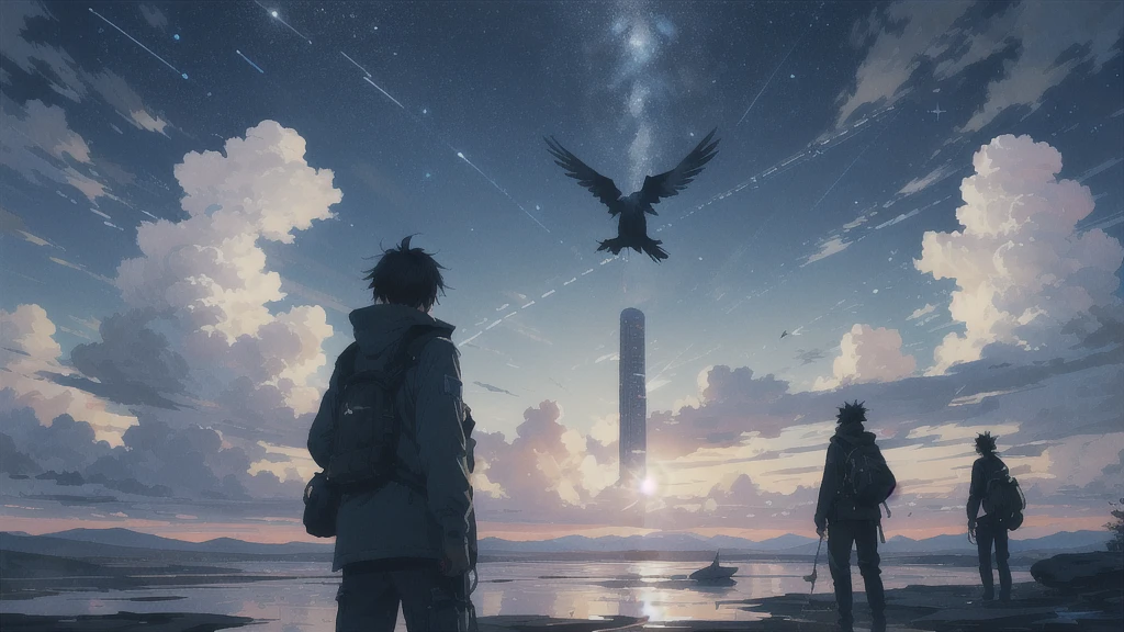 座る,真っ暗なnight空,Octane, star (null), scenery, Blue parakeet,The acoustic guitar is in front of the body.,star, night, A girl and a boy back to back, Back view, Outdoor, city,Blue parakeet,building, cloud, 天のriver,silhouette