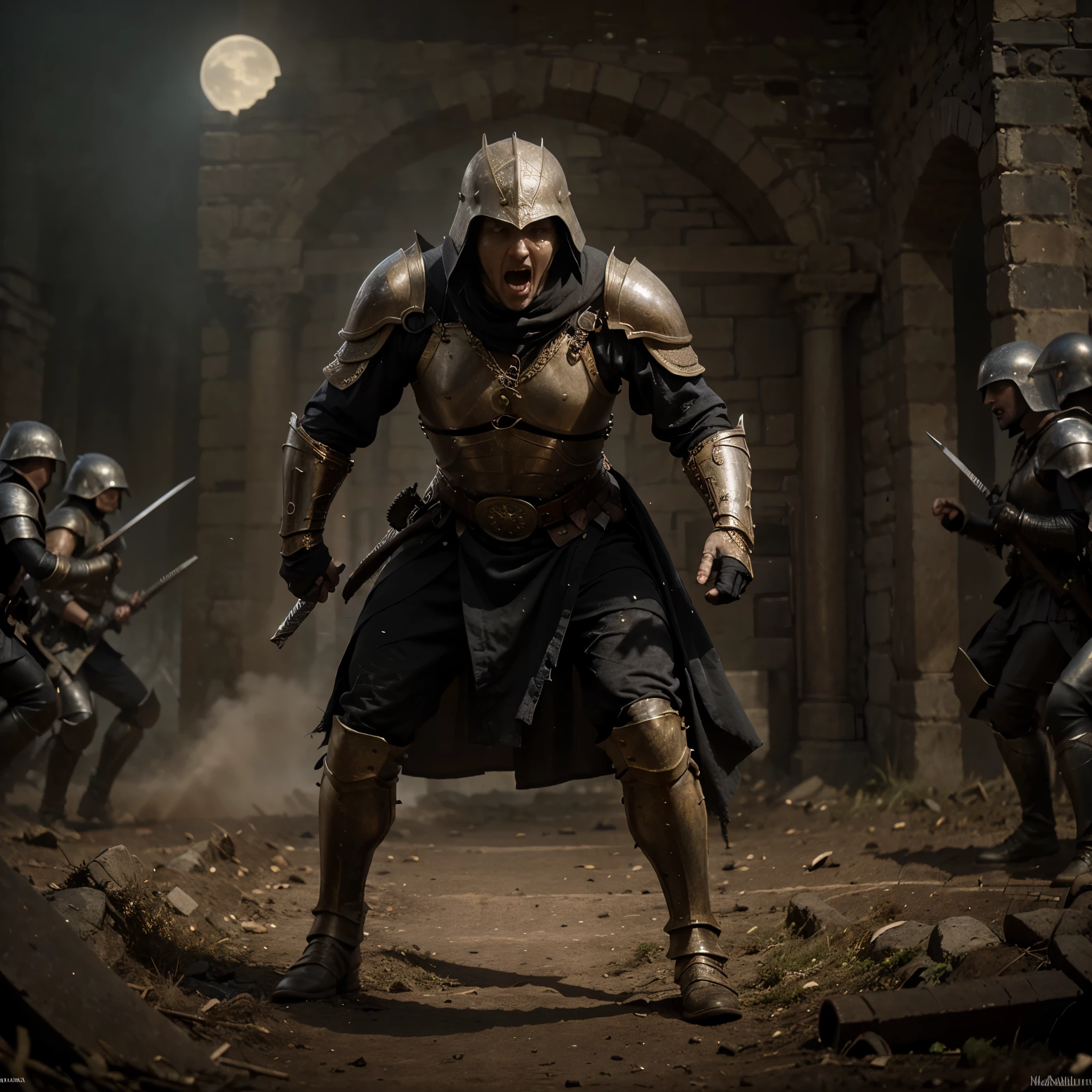 A medieval warrior fighting in the battlefield, dressed in black, work of malediction and death, The Great One of the Night of Time, stand up and shout. Realistic hands.
