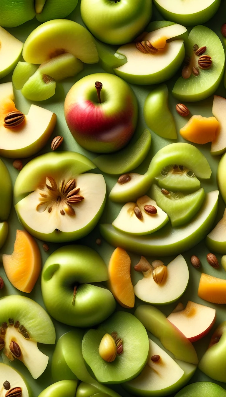 a close-up of a sliced green apple,juicy interior,crisp,seeds,soft shadow,photorealistic,4k,ultra-detailed,natural lighting,fresh,vibrant colors,macro photography,food photography,still life