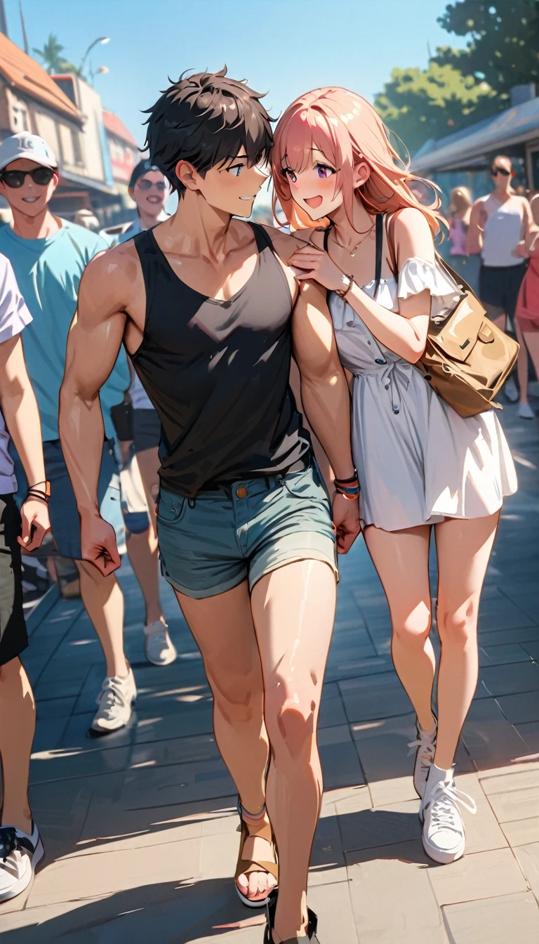 Happy student couple,Facing each other,LOL,Casual summer clothes,modern, Verism, masterpiece, textured skin, super detail, best quality, 4K