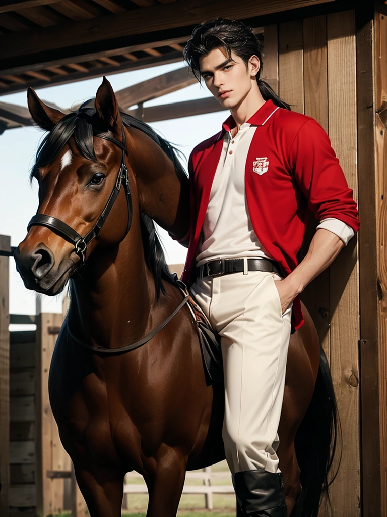 portrait headshot of a A tall handsome 27 year old man in a red and white long sleve polo shirt and white ridding pants and knee length black boots. Holding a black horse by the harness with his left hand. He has black hair with long shaggy hair, brown eyes and light tan skin. He is muscular, athletic, and strong. In the background is a stable is a building in which livestock, especially horses, are kept.