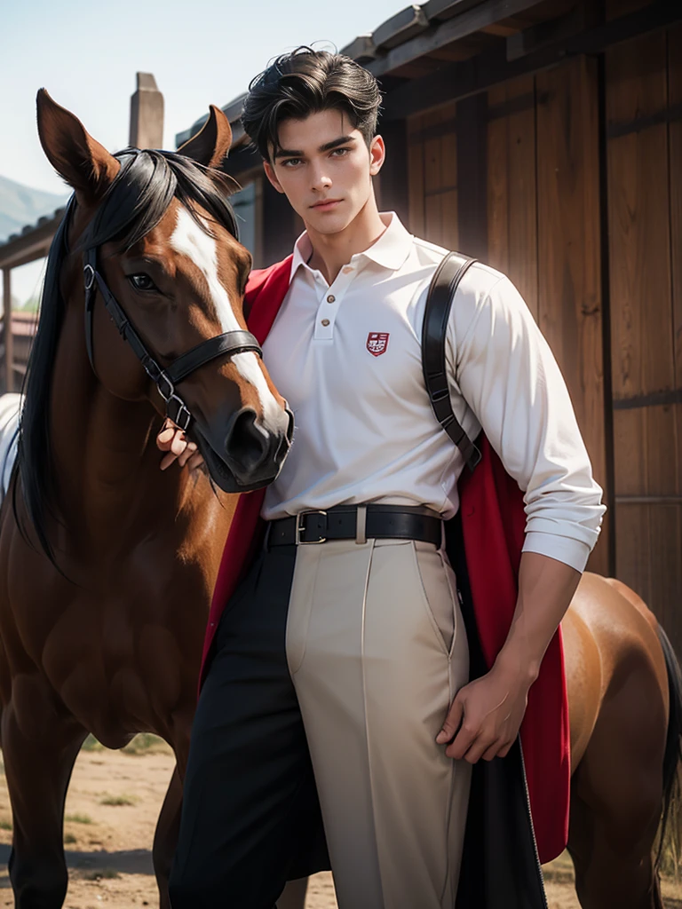 portrait headshot of a A tall handsome 27 year old man in a red and white long sleve polo shirt and white ridding pants and knee length black boots. Holding a black horse by the harness with his left hand. He has black hair with long shaggy hair, brown eyes and light tan skin. He is muscular, athletic, and strong. In the background is a stable is a building in which livestock, especially horses, are kept.