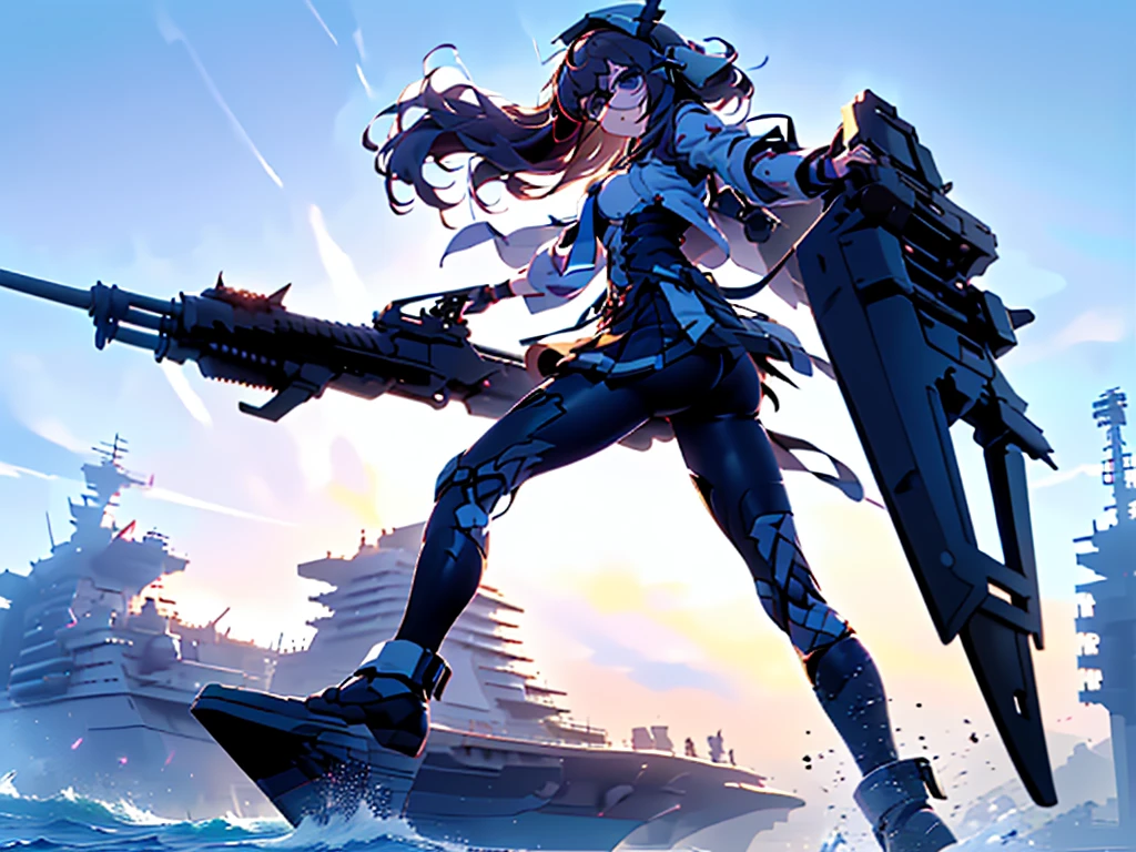 (((masterpiece, Vision))), ((((Full body of a woman with perfect flat chest、1 Female、solo、Short unkempt black hair、Tie your messy hair at the nape of your neck、white military jacket、Miko costume、black tights、Black glasses are black、White military cap、Cloudy black eyes、Confused eyes、Junyo-inspired emblem、Ship-style boots)))), (((Shipgirl))), ((Floating on the morning sea with both feet)), (Standing with your legs apart)), Aim, (Hold the shotgun turret grip with your right hand), (Four mechanical tentacles covered in white armor extend from its back.), (Holding a shotgun with metal tentacles), (Equipped with a bridge on the back), (His left arm holds the grip of a triple-barreled shotgun),