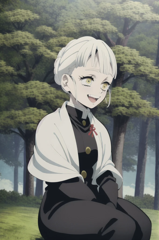 kimetsu no yaiba style, 1girl, white hair in a bun, demon slayer uniform, solo, yellow eyes,holding a katana ,white hair, all black cape, all black haori, outdoors, bangs, tree,, anime coloring,  ((masterpiece)) ,  day background , beautiful girl, cute, solo , laughing face , ((high quality)) , sitting on the ground 